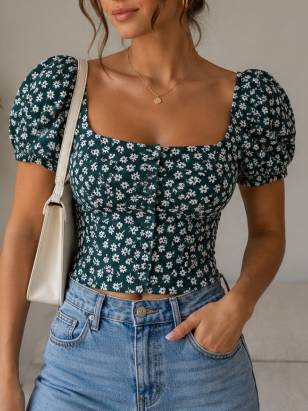 Free People Dark Green Floral Puff-Sleeve Square Neck Blouse